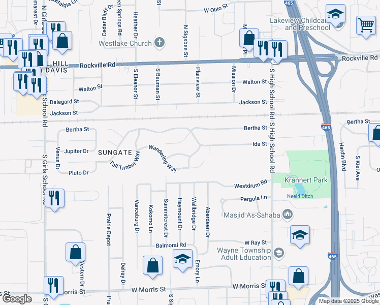 map of restaurants, bars, coffee shops, grocery stores, and more near 6640 Greendale Lane in Indianapolis