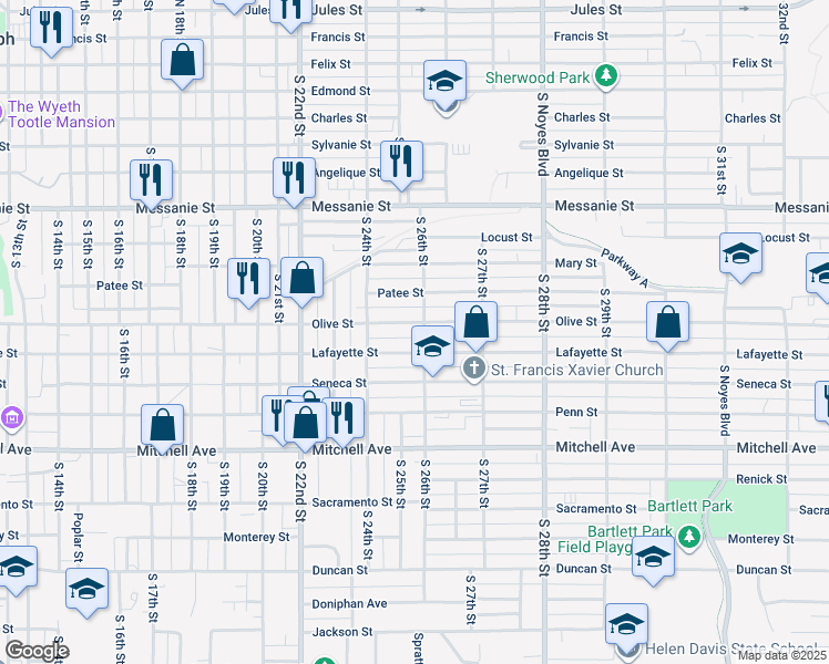 map of restaurants, bars, coffee shops, grocery stores, and more near 2505 Olive Street in Saint Joseph