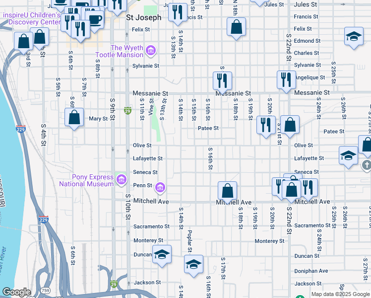 map of restaurants, bars, coffee shops, grocery stores, and more near 1401 Olive Street in Saint Joseph