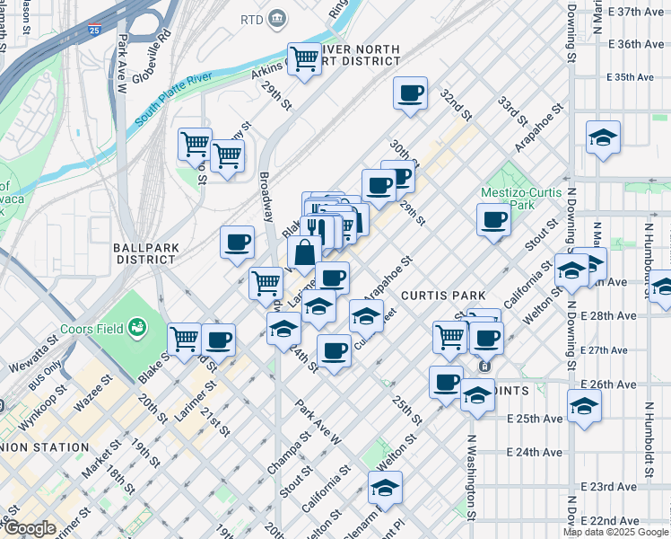 map of restaurants, bars, coffee shops, grocery stores, and more near 2620 Larimer Street in Denver
