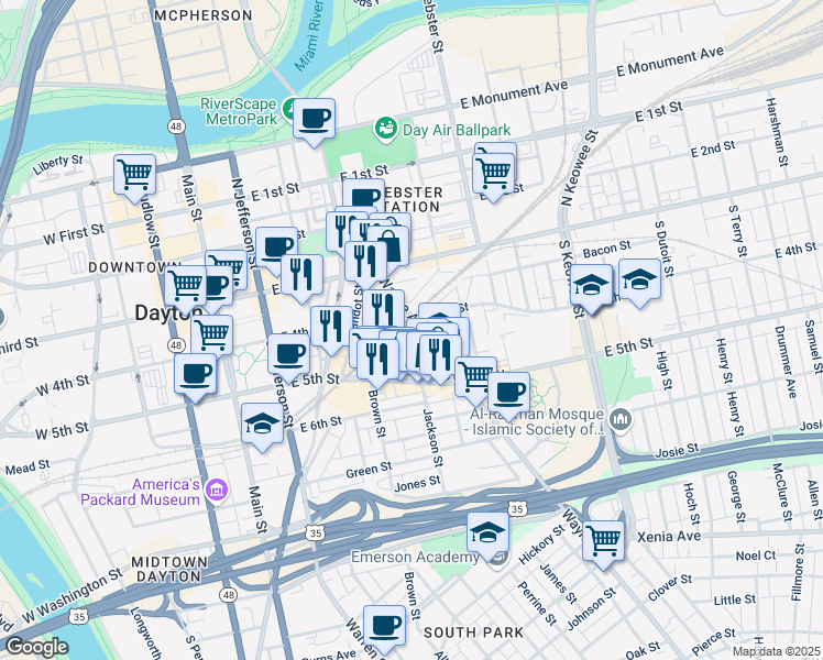 map of restaurants, bars, coffee shops, grocery stores, and more near 131 Wayne Avenue in Dayton