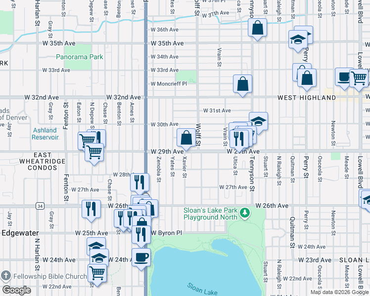 map of restaurants, bars, coffee shops, grocery stores, and more near 4836 West Hayward Place in Denver