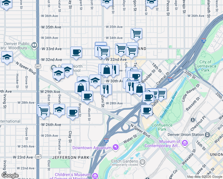 map of restaurants, bars, coffee shops, grocery stores, and more near 2933 Wyandot Street in Denver