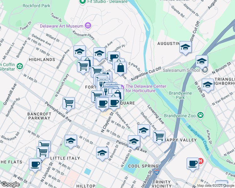 map of restaurants, bars, coffee shops, grocery stores, and more near 1806 North Dupont Street in Wilmington