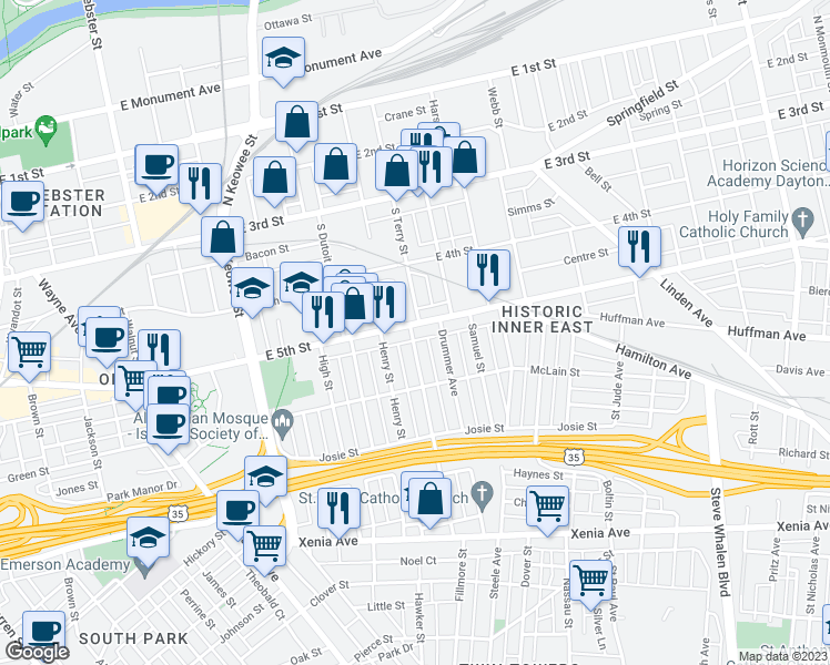 map of restaurants, bars, coffee shops, grocery stores, and more near 6 McClure Street in Dayton