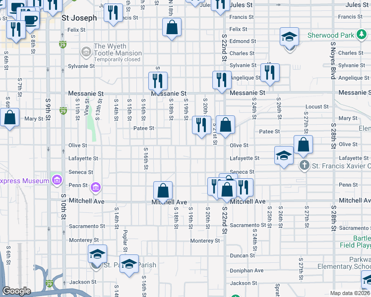 map of restaurants, bars, coffee shops, grocery stores, and more near 1822 Olive Street in Saint Joseph