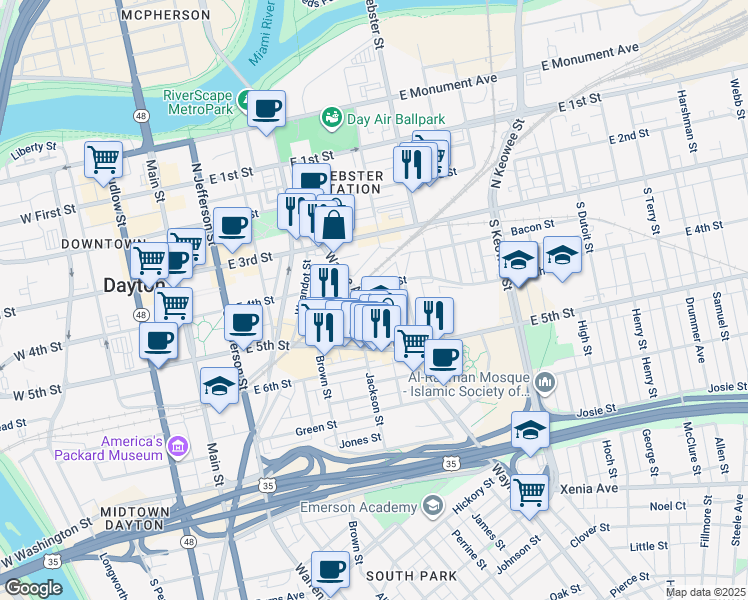 map of restaurants, bars, coffee shops, grocery stores, and more near 602 East 4th Street in Dayton