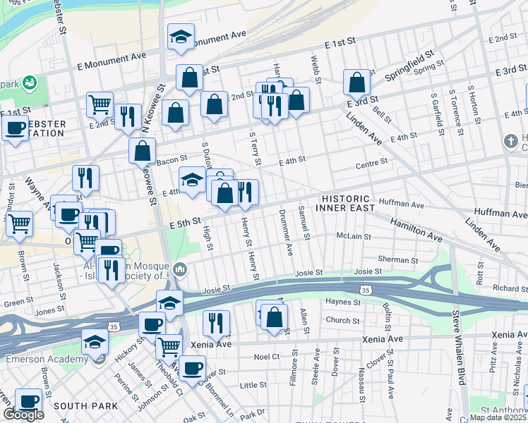 map of restaurants, bars, coffee shops, grocery stores, and more near 10 McClure Street in Dayton