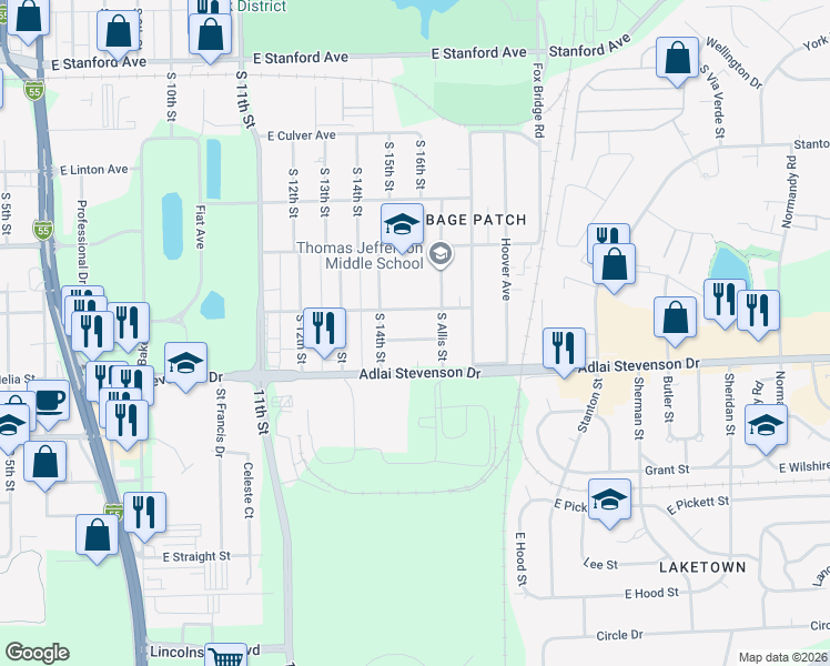 map of restaurants, bars, coffee shops, grocery stores, and more near 1501 Chalmers Street in Springfield