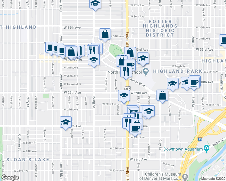 map of restaurants, bars, coffee shops, grocery stores, and more near 2901 Grove St in Denver