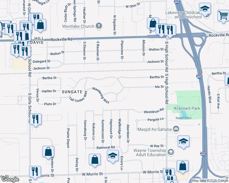 map of restaurants, bars, coffee shops, grocery stores, and more near 6640 Greendale Lane in Indianapolis