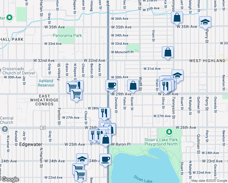 map of restaurants, bars, coffee shops, grocery stores, and more near 5125 West 29th Avenue in Denver