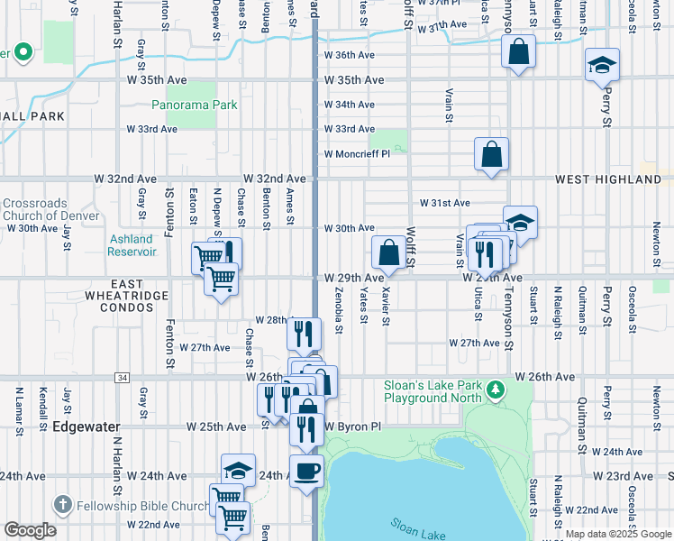 map of restaurants, bars, coffee shops, grocery stores, and more near 5125 West 29th Avenue in Denver