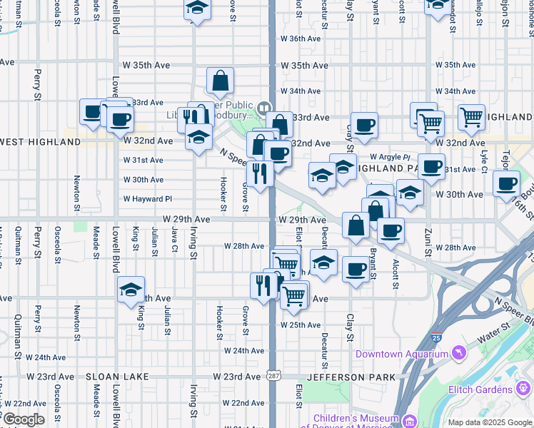 map of restaurants, bars, coffee shops, grocery stores, and more near 3005 West 29th Avenue in Denver