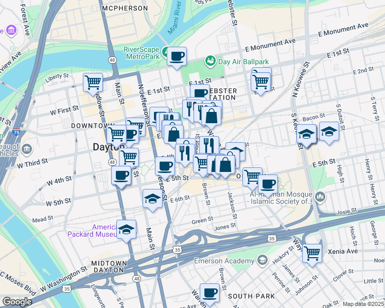 map of restaurants, bars, coffee shops, grocery stores, and more near 120 South Patterson Boulevard in Dayton