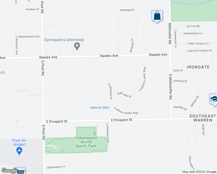 map of restaurants, bars, coffee shops, grocery stores, and more near 804 Freestone Drive in Indianapolis