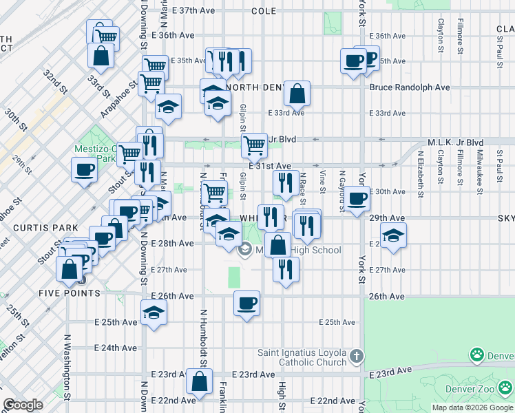 map of restaurants, bars, coffee shops, grocery stores, and more near 2940 Gilpin Street in Denver