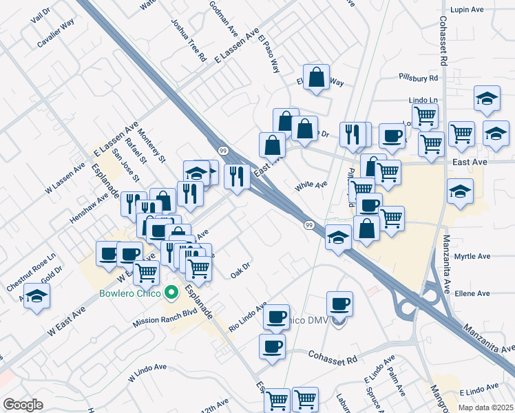 map of restaurants, bars, coffee shops, grocery stores, and more near 392 Connors Court in Chico