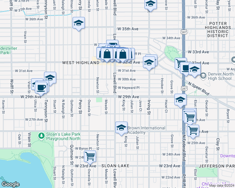 map of restaurants, bars, coffee shops, grocery stores, and more near 3494 West Hayward Place in Denver