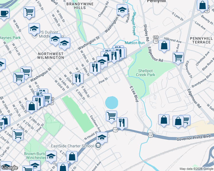 map of restaurants, bars, coffee shops, grocery stores, and more near 108 East 40th Street in Wilmington