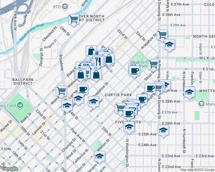 map of restaurants, bars, coffee shops, grocery stores, and more near 2810 Arapahoe Street in Denver