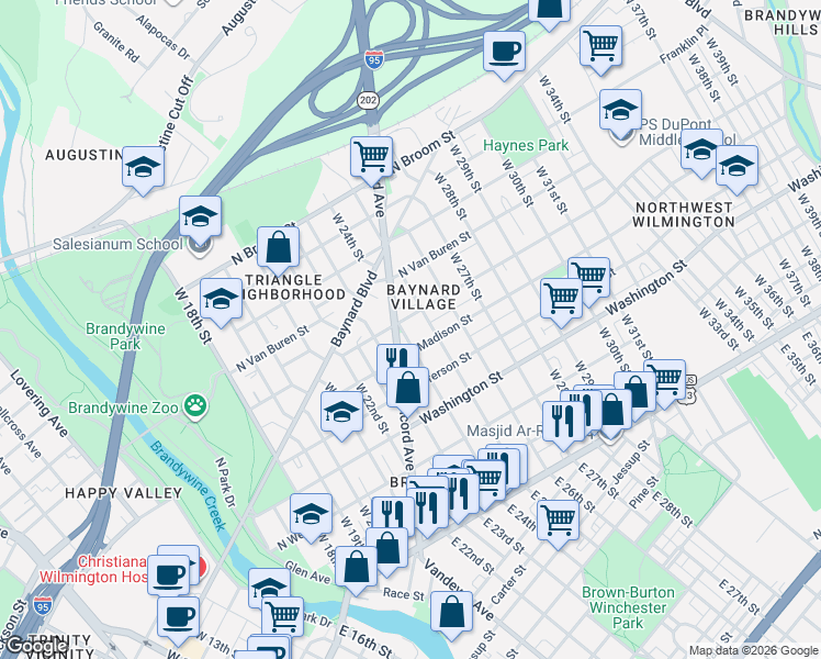 map of restaurants, bars, coffee shops, grocery stores, and more near 2404 North Monroe Street in Wilmington