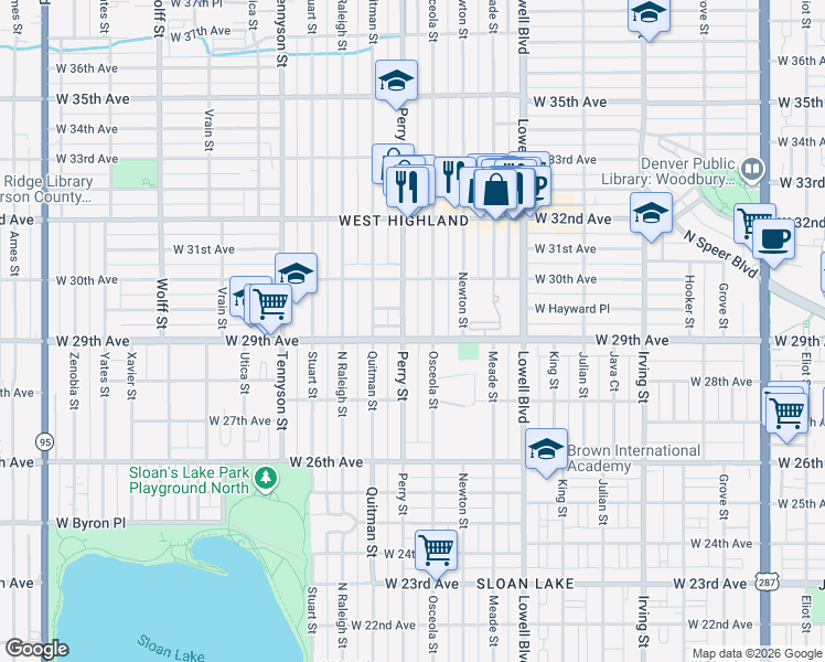 map of restaurants, bars, coffee shops, grocery stores, and more near 2920 Perry Street in Denver
