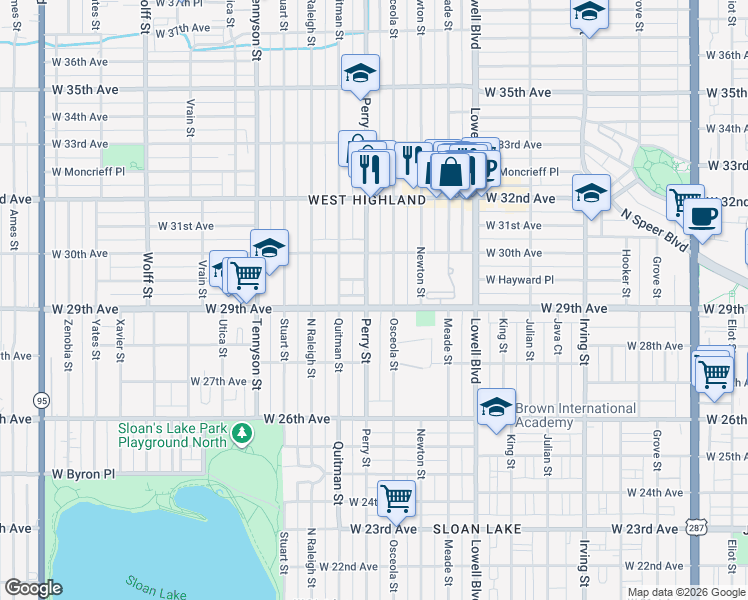 map of restaurants, bars, coffee shops, grocery stores, and more near 2920 Perry Street in Denver