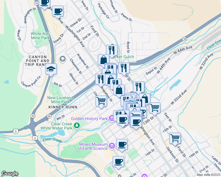 map of restaurants, bars, coffee shops, grocery stores, and more near 802 Washington Avenue in Golden