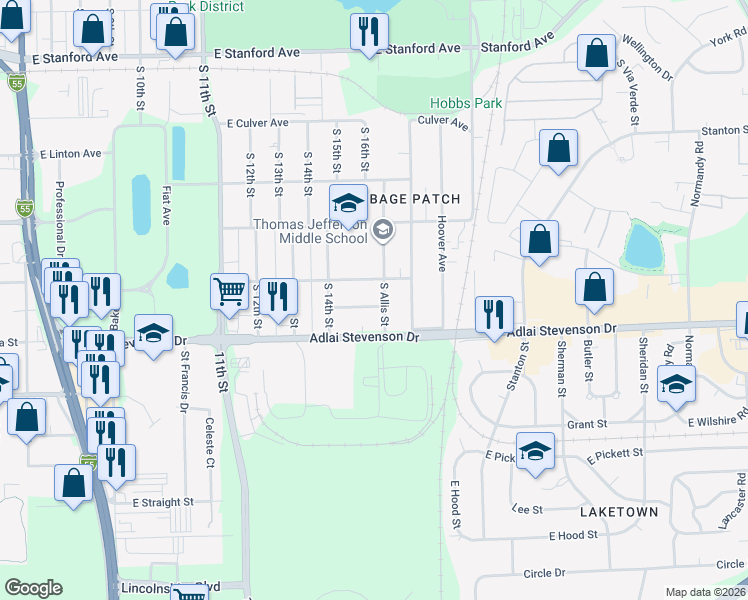 map of restaurants, bars, coffee shops, grocery stores, and more near 1501 Chalmers Street in Springfield