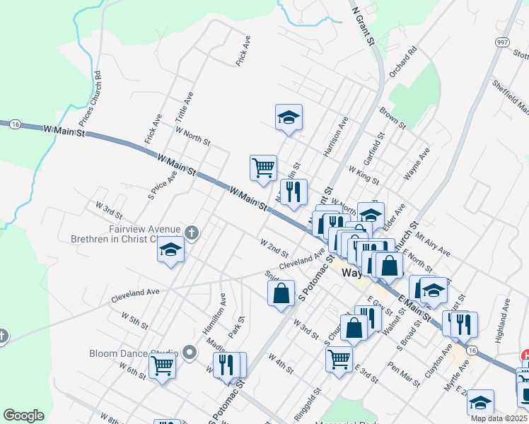 map of restaurants, bars, coffee shops, grocery stores, and more near 310 West Main Street in Waynesboro