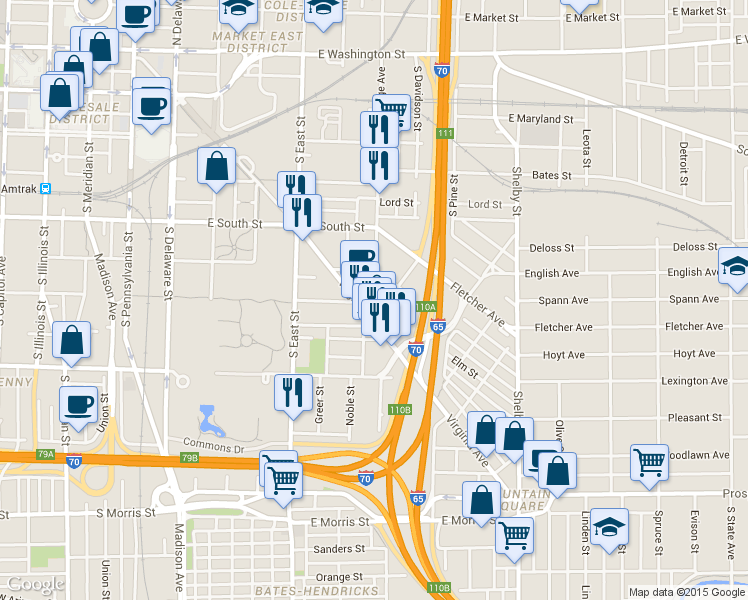 map of restaurants, bars, coffee shops, grocery stores, and more near S College Ave & Elm St in Indianapolis