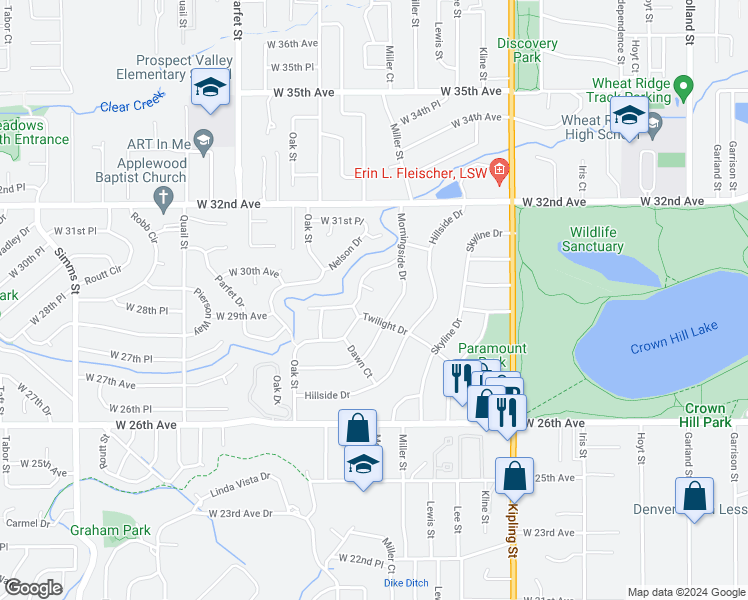 map of restaurants, bars, coffee shops, grocery stores, and more near 16 Rangeview Place in Wheat Ridge