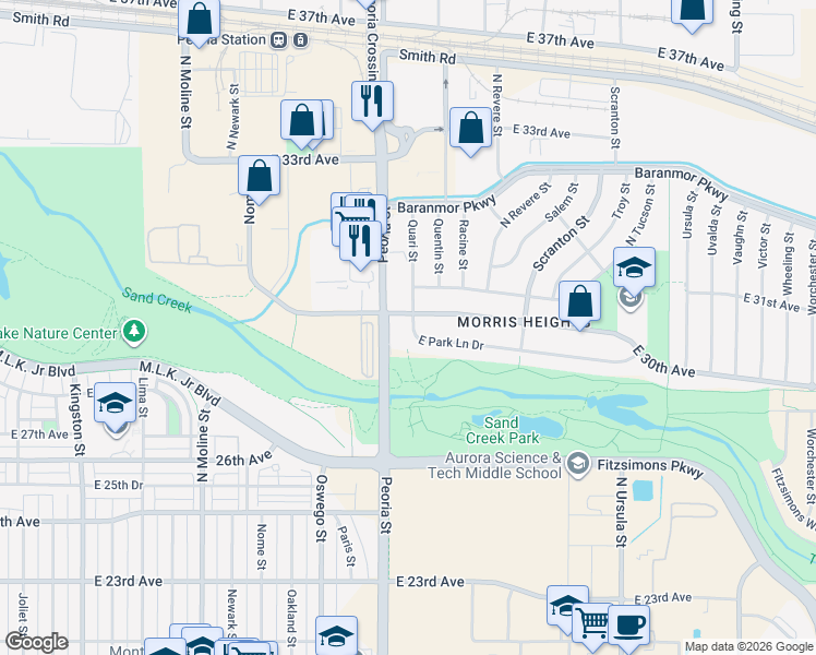 map of restaurants, bars, coffee shops, grocery stores, and more near 12207 East Park Lane Drive in Aurora