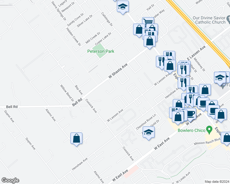 map of restaurants, bars, coffee shops, grocery stores, and more near 529 Countryside Lane in Chico