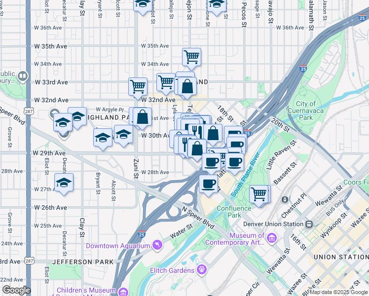 map of restaurants, bars, coffee shops, grocery stores, and more near in Denver