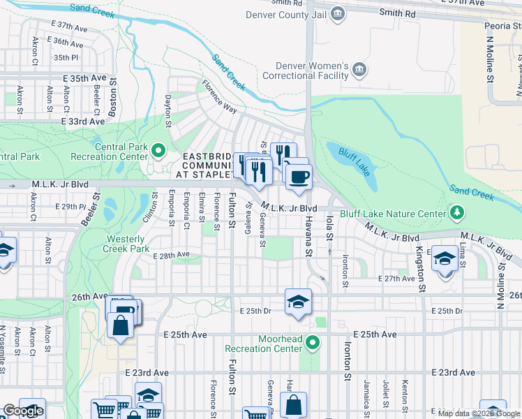 map of restaurants, bars, coffee shops, grocery stores, and more near 2956 Galena Street in Denver
