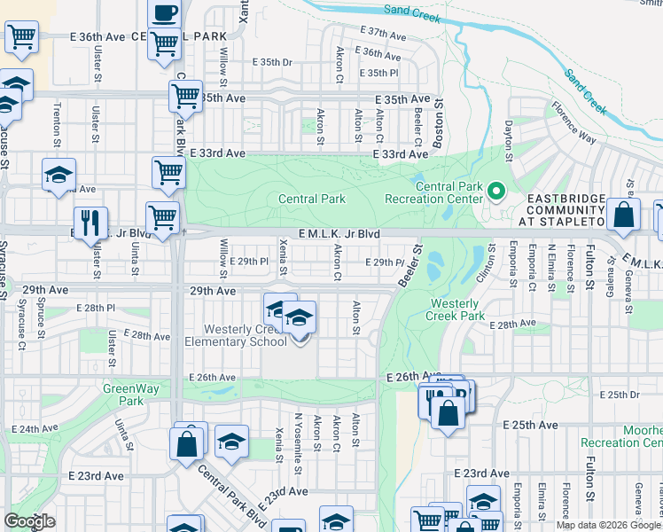 map of restaurants, bars, coffee shops, grocery stores, and more near 2961 Akron Court in Denver