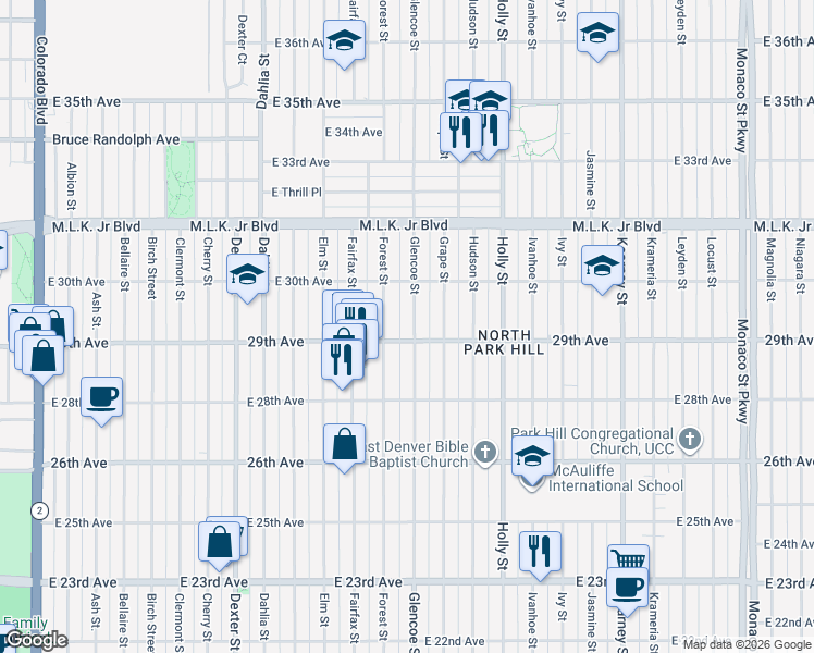 map of restaurants, bars, coffee shops, grocery stores, and more near 2924 Forest Street in Denver