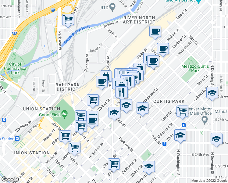 map of restaurants, bars, coffee shops, grocery stores, and more near 2555 Walnut Street in Denver