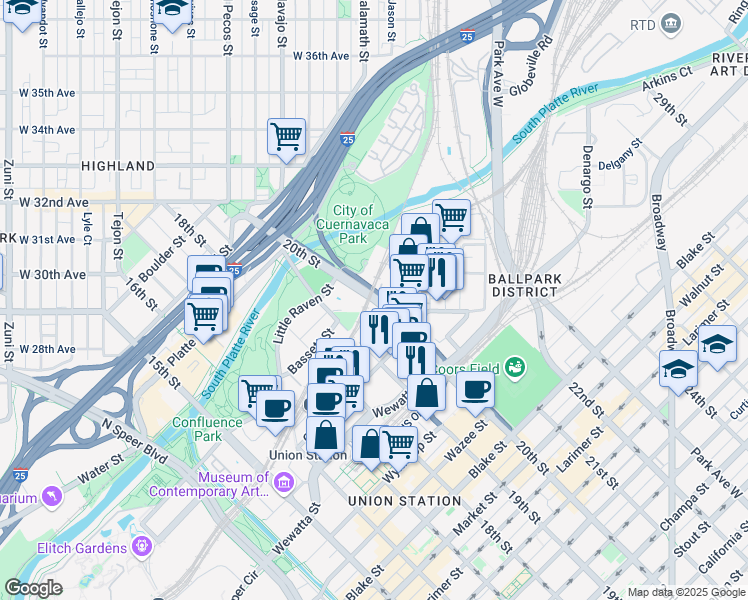 map of restaurants, bars, coffee shops, grocery stores, and more near 2905 Inca Street in Denver