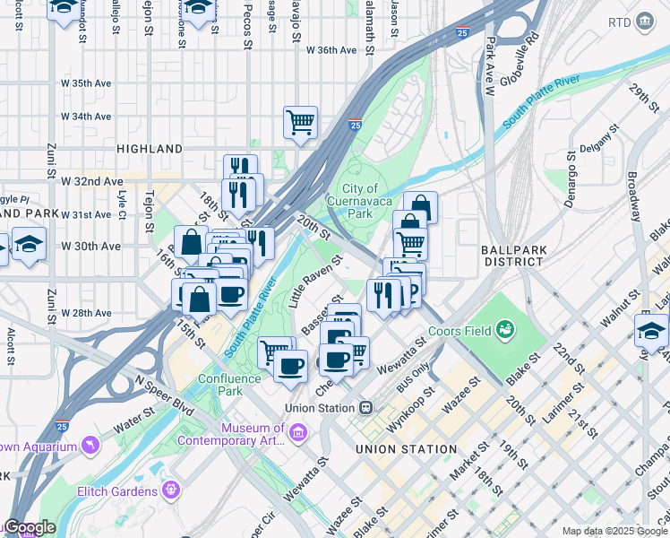 map of restaurants, bars, coffee shops, grocery stores, and more near in Denver