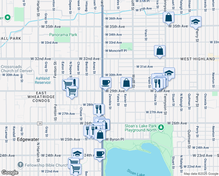 map of restaurants, bars, coffee shops, grocery stores, and more near in Denver