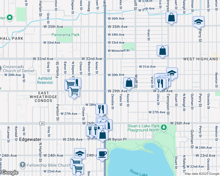 map of restaurants, bars, coffee shops, grocery stores, and more near in Denver