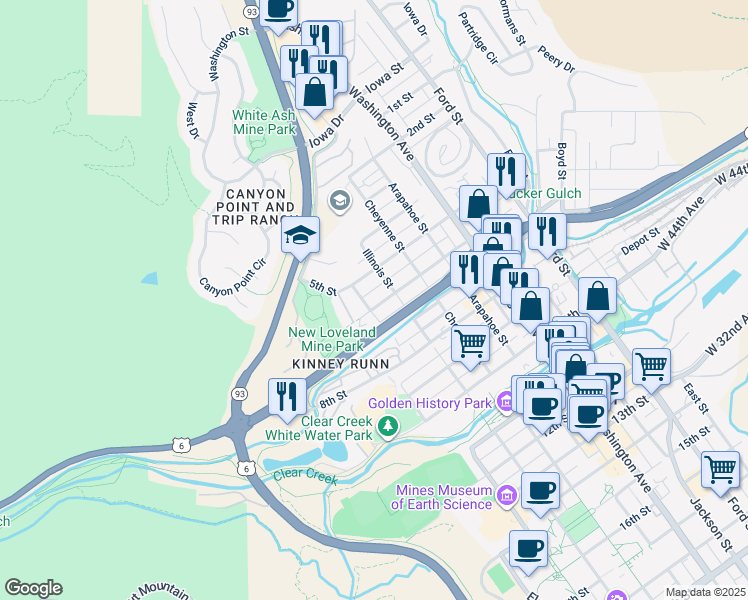 map of restaurants, bars, coffee shops, grocery stores, and more near 505 Maple Street in Golden
