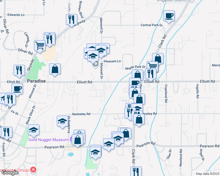 map of restaurants, bars, coffee shops, grocery stores, and more near 1010 Elliott Road in Paradise