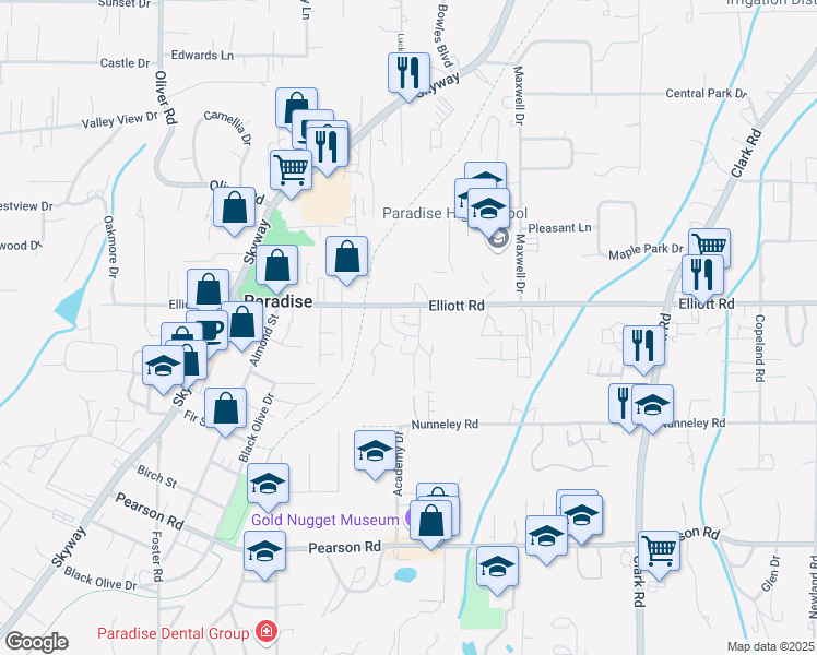 map of restaurants, bars, coffee shops, grocery stores, and more near 5931 Camino Lane in Paradise