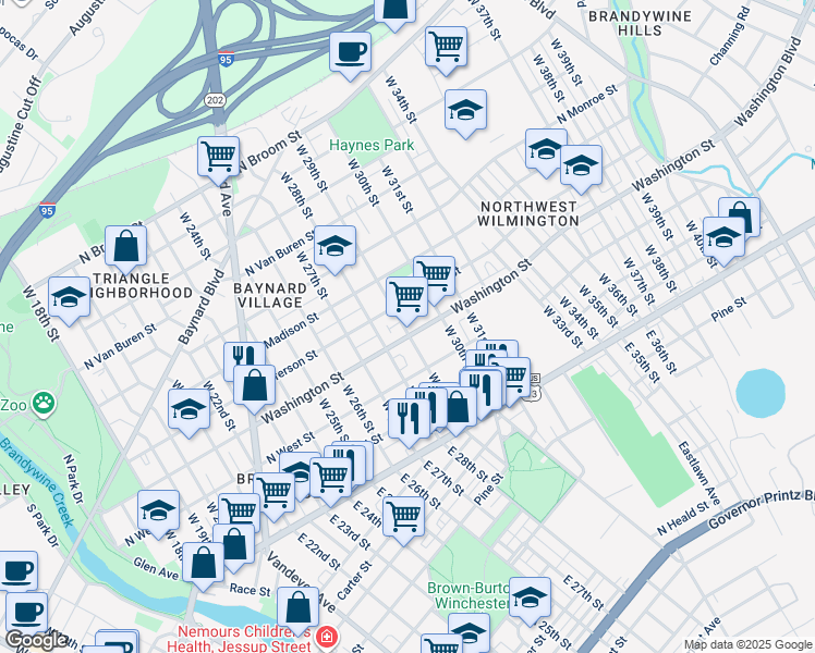map of restaurants, bars, coffee shops, grocery stores, and more near 307 West 29th Street in Wilmington
