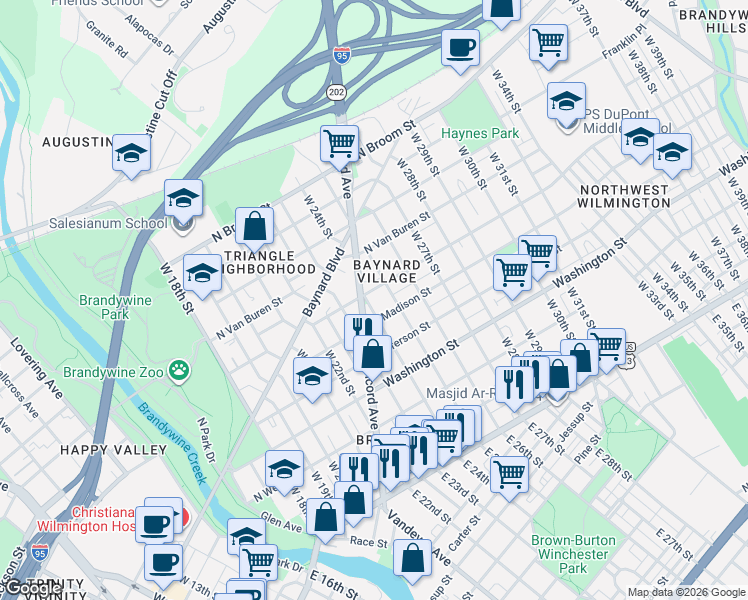 map of restaurants, bars, coffee shops, grocery stores, and more near 2404 North Monroe Street in Wilmington