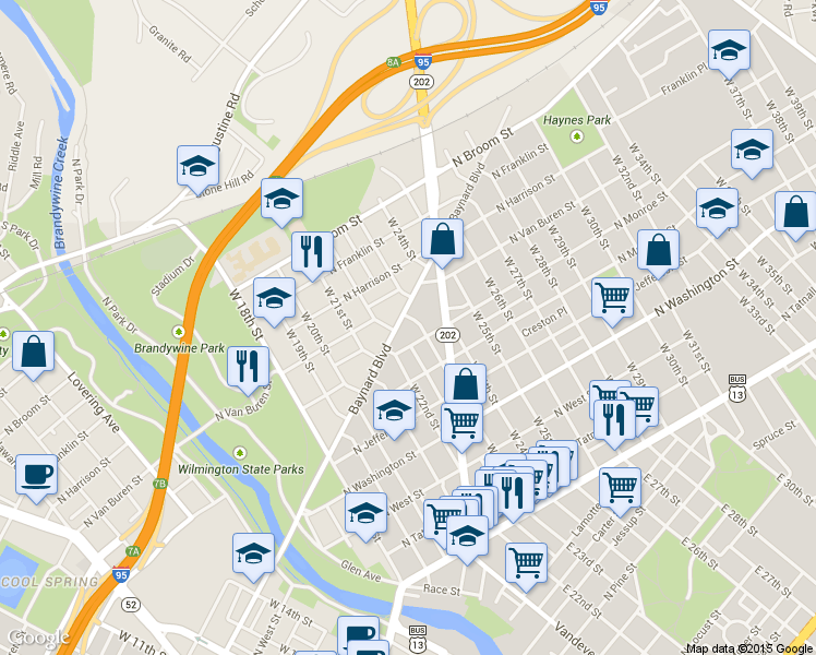map of restaurants, bars, coffee shops, grocery stores, and more near 609 West 23rd Street in Wilmington